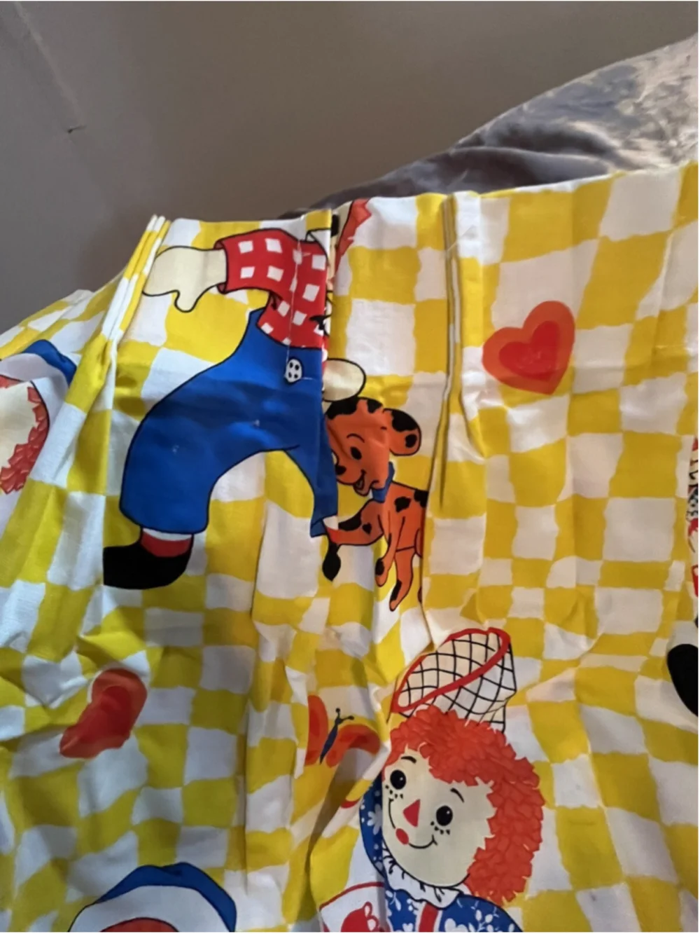 vintage raggedy ann and andy curtain panel pair set yellow checkered SEE PICTURE